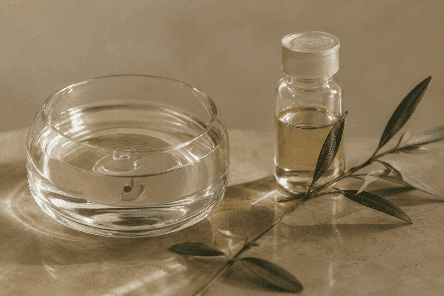 A round glass bowl of water beside an amber dropper bottle and an olive branch, on a warm marble surface.
