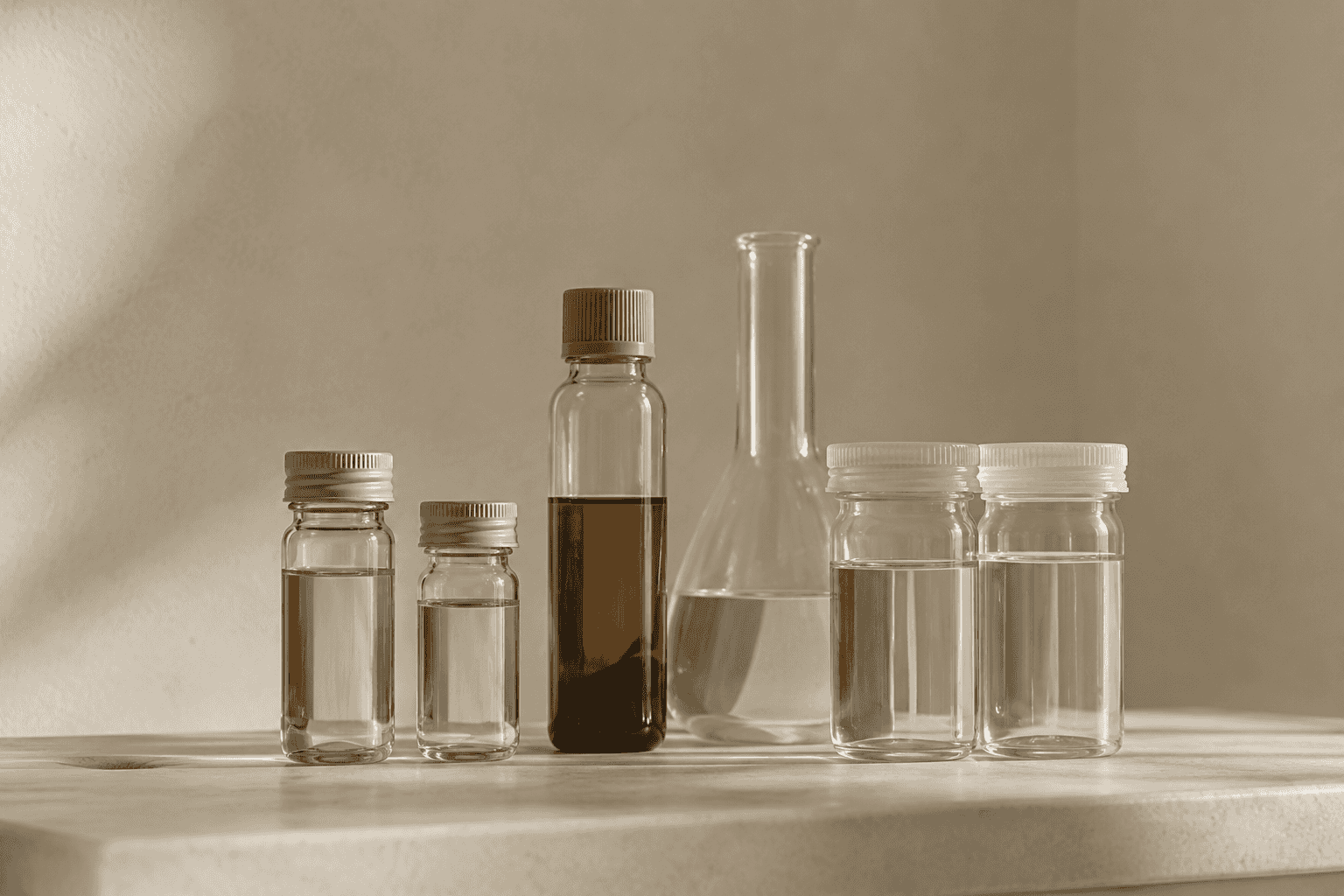A row of small glass sample bottles, a flask and beakers of clear and amber liquid on a stone ledge.