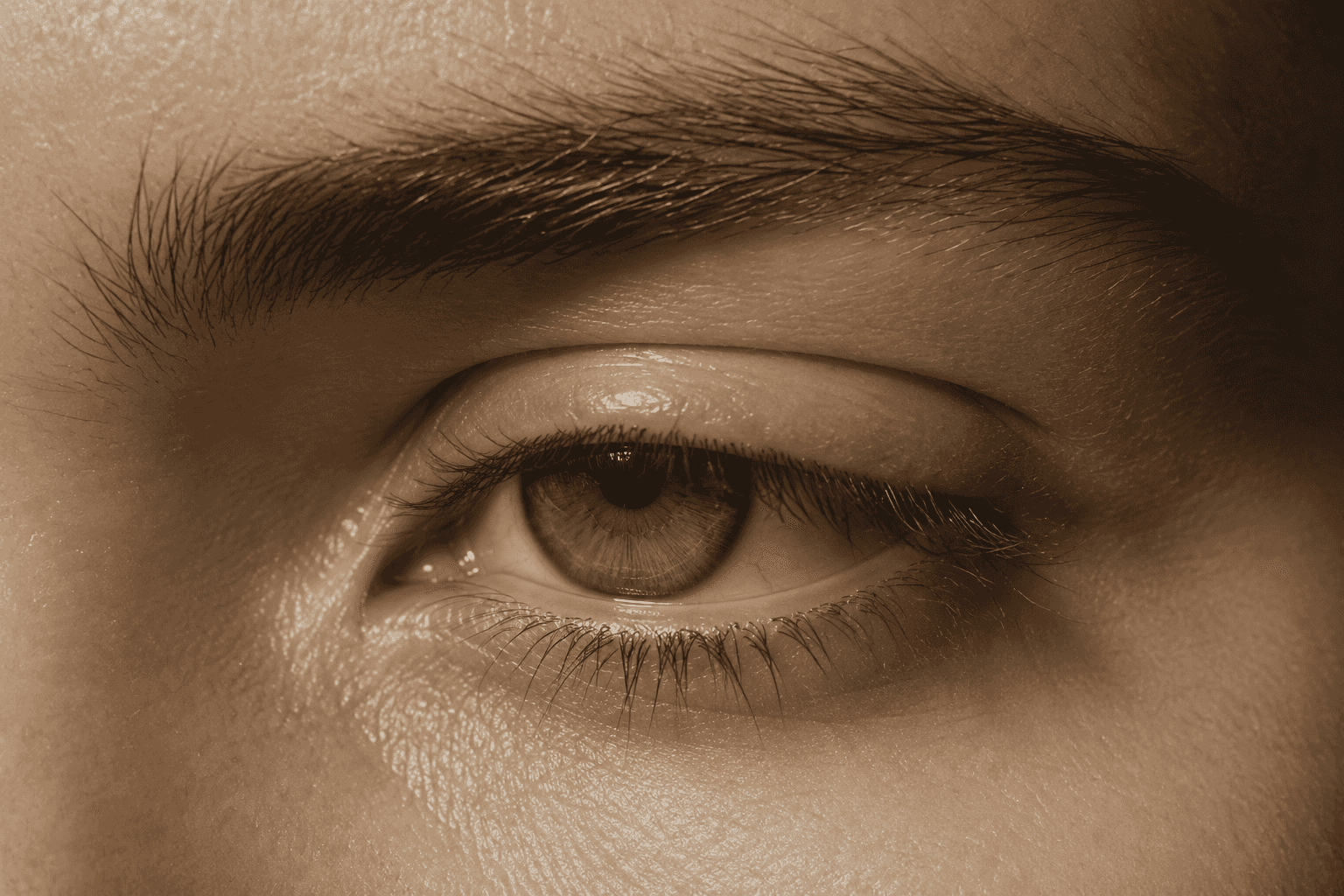 An extreme close-up of an eye and brow, showing the natural arch and position of the brow line.