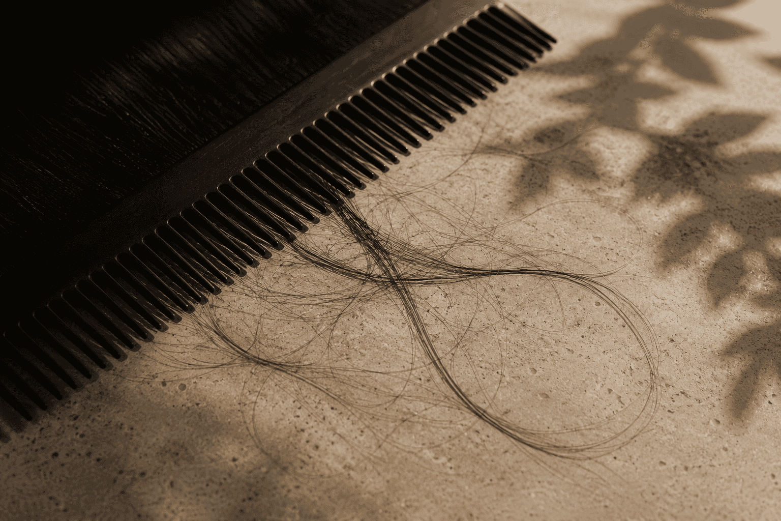 A few strands of shed hair caught in the teeth of a comb, resting on pale stone in dappled light.