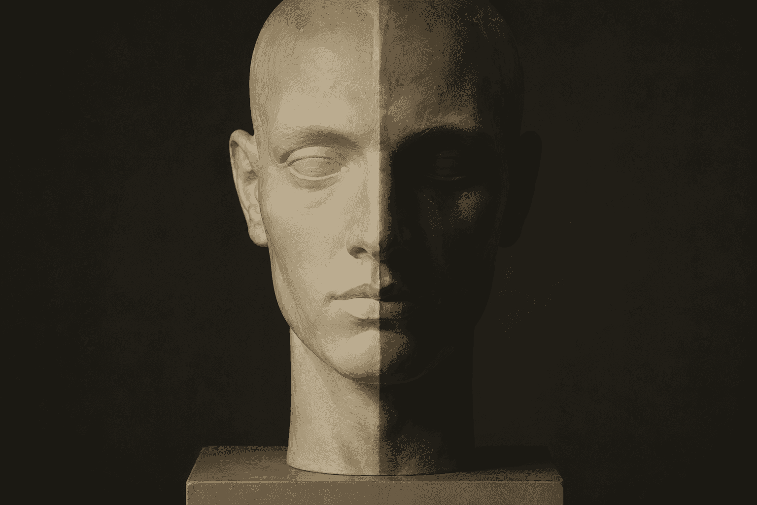 A plaster head lit so that one half falls in light and the other in shadow, split along the centre line.