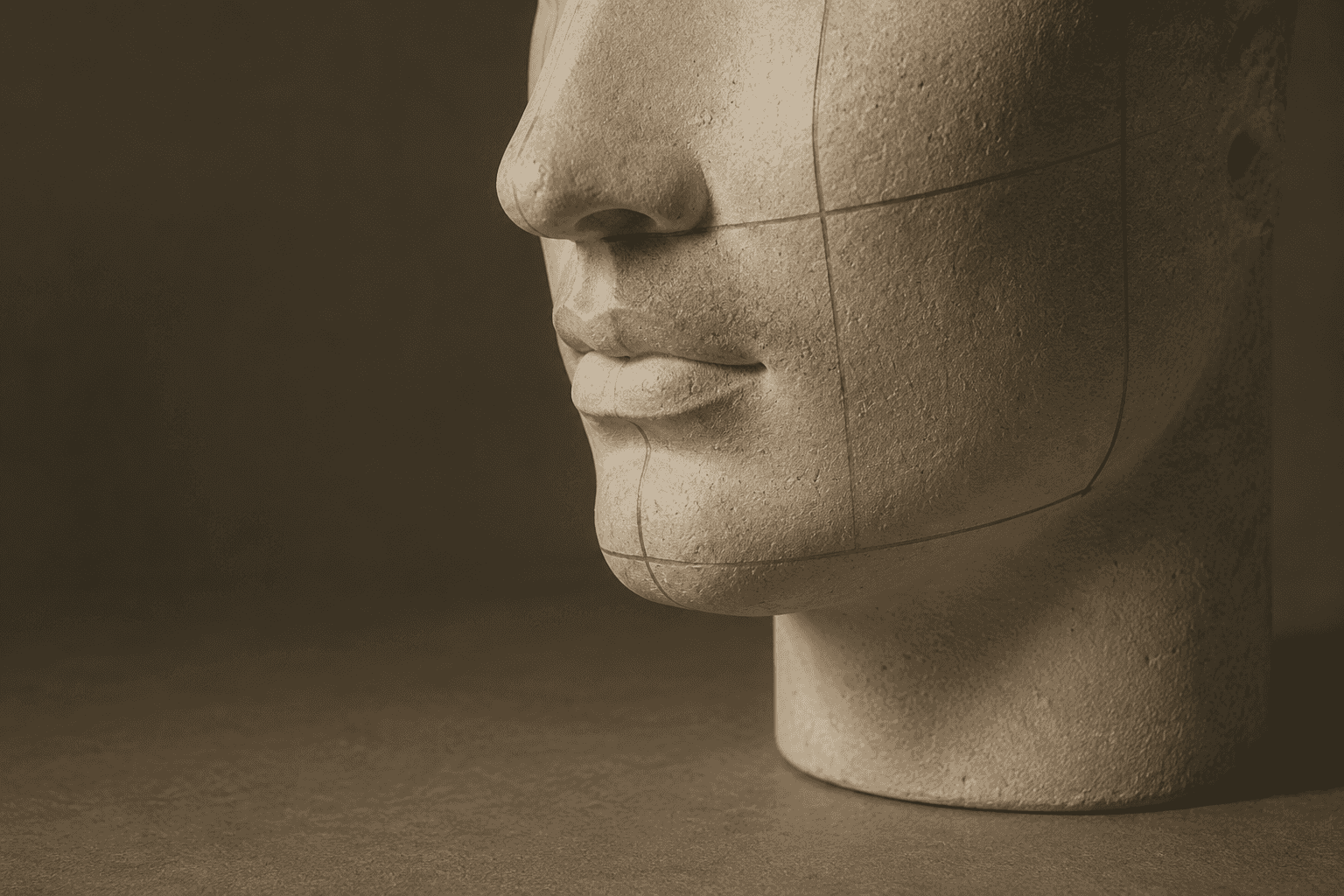 A pale plaster bust in profile, marked with fine gold lines tracing the proportions of the face.