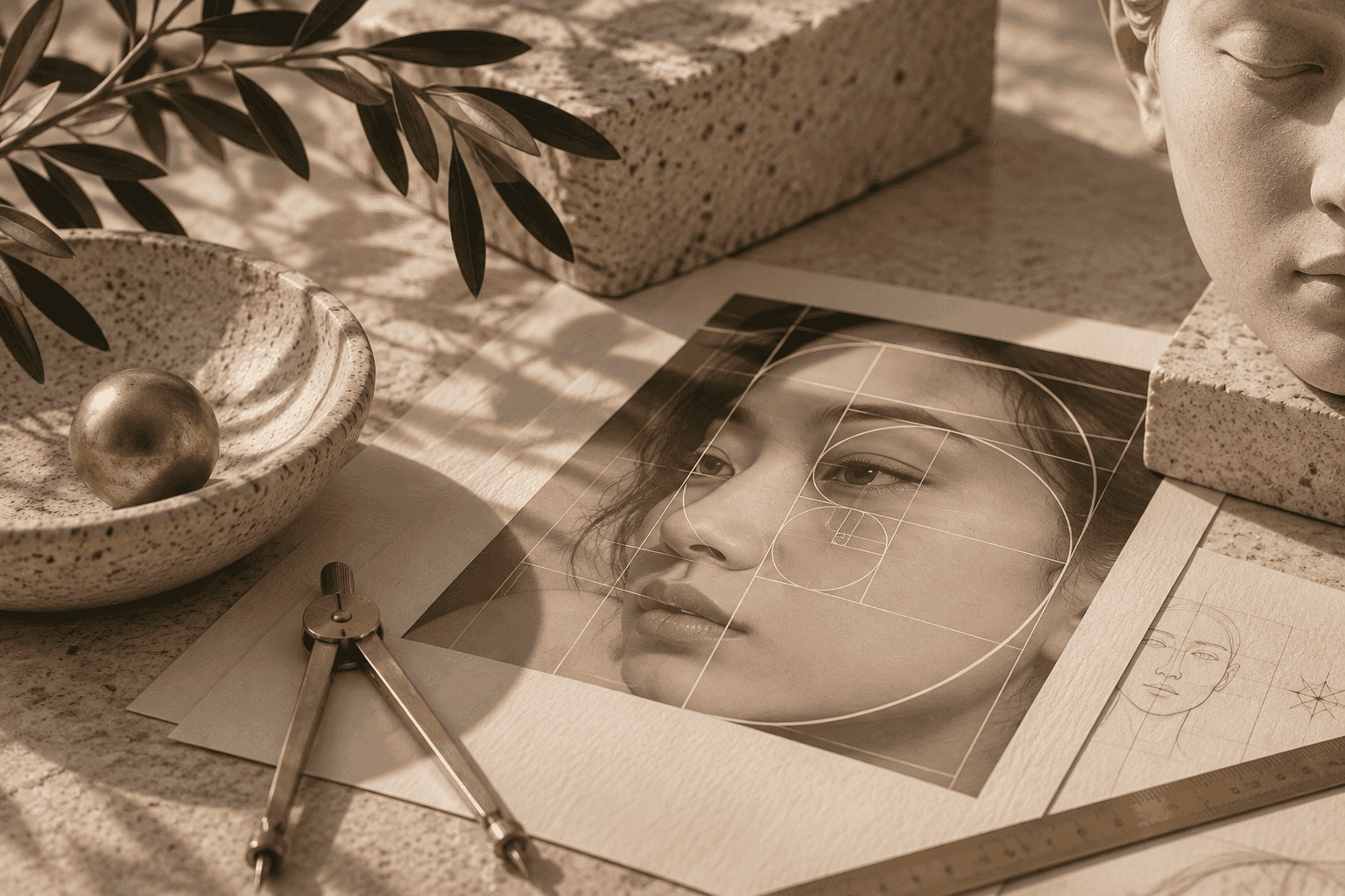 A sepia-toned portrait marked with golden ratio circles and a grid, resting on stone beside a brass compass, an olive branch and a pale plaster bust fragment.