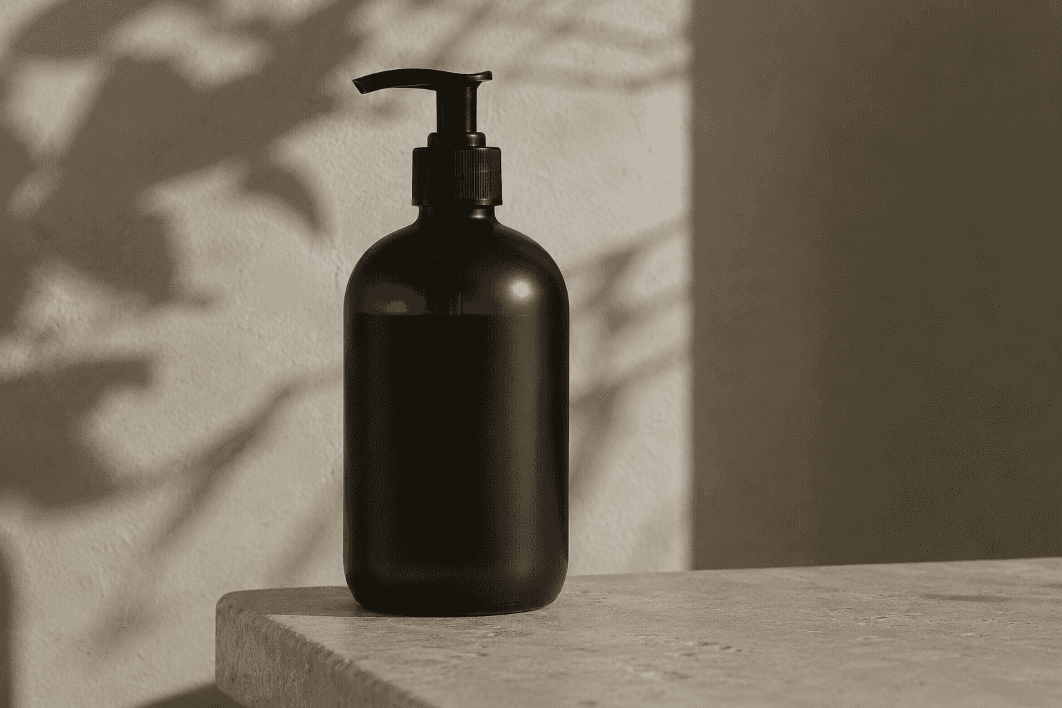 A dark amber pump bottle standing on a stone ledge, lit against a wall marked with leaf shadow.