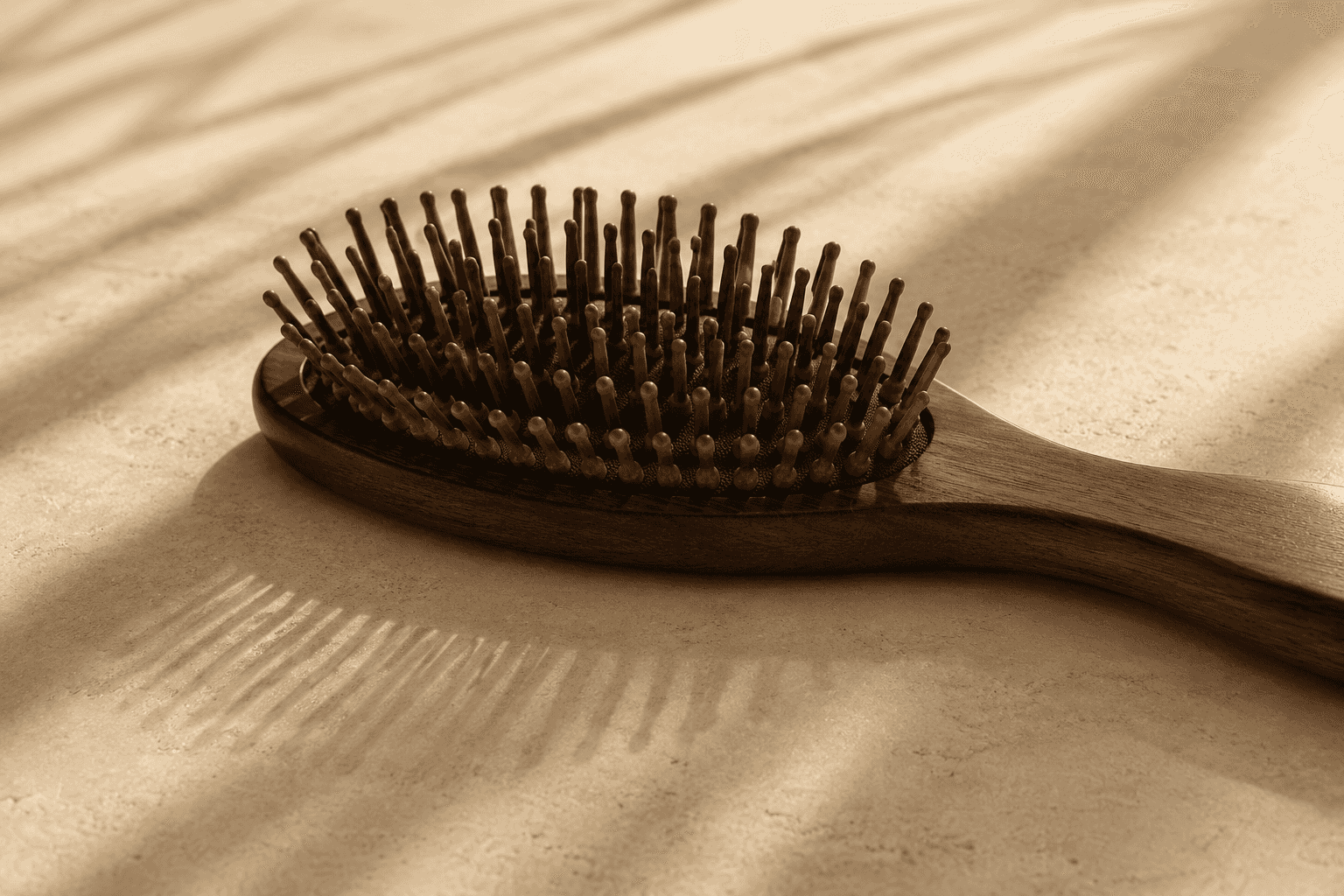 A wooden hairbrush with tapered pins resting on pale stone, its shadow falling in long parallel lines.