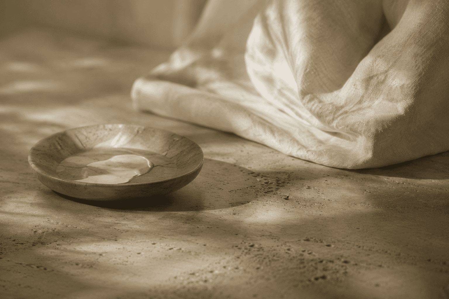 A small marble dish beside folded pale linen, photographed in soft warm light.