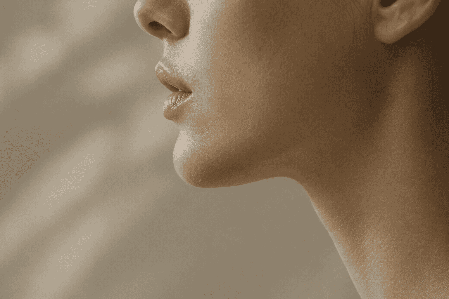 A profile view from nose to neck, showing the relationship between lips, chin and jawline.