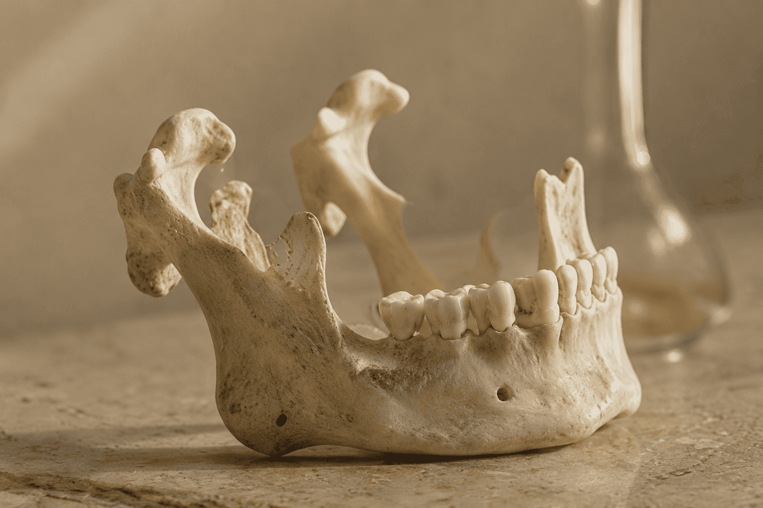 An anatomical jawbone specimen resting on stone, its ligament attachment points and teeth visible in profile.