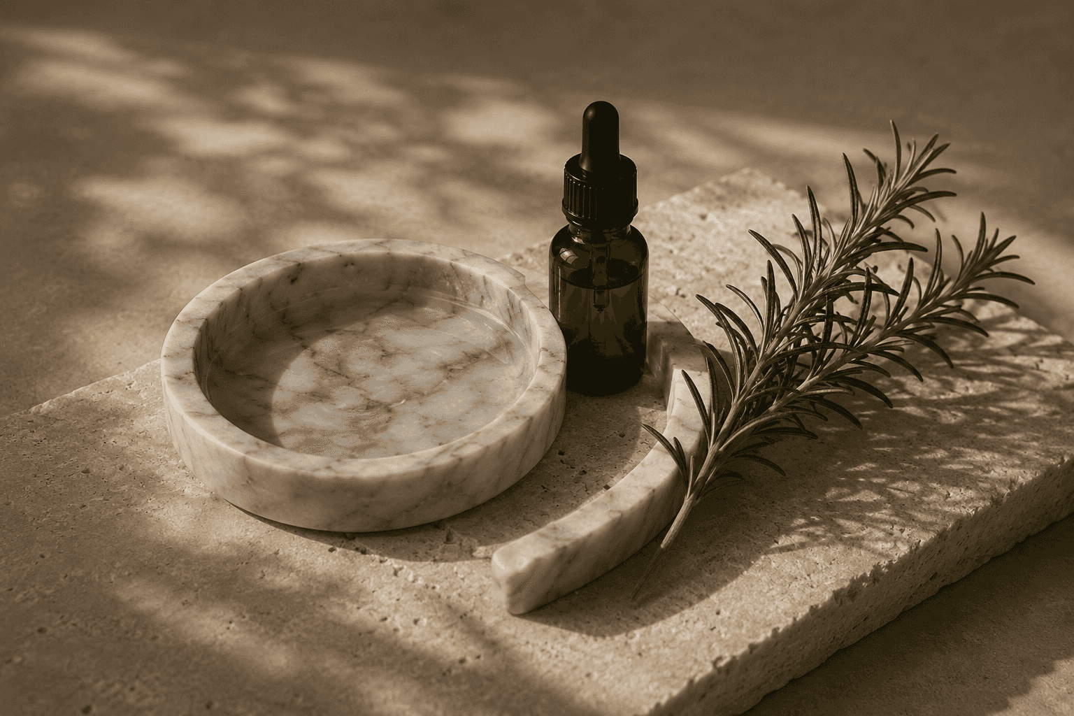 A marble dish, an amber dropper bottle and a sprig of rosemary arranged on travertine stone.
