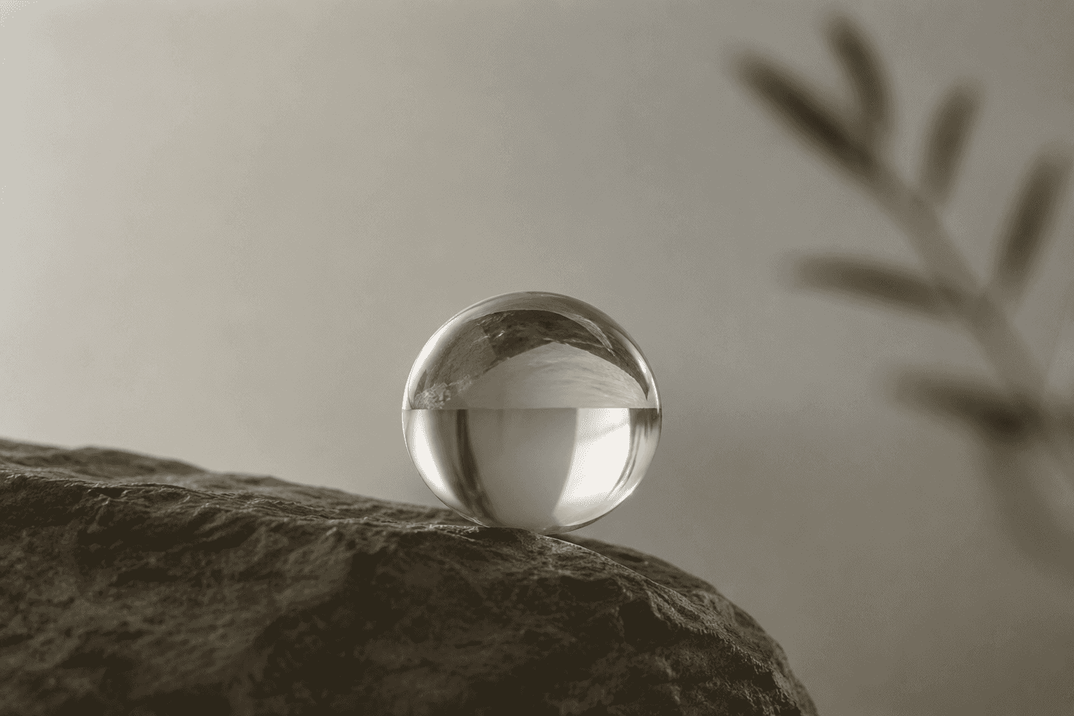 A clear glass sphere balanced on the edge of a rock, an olive branch soft-focused in the background.