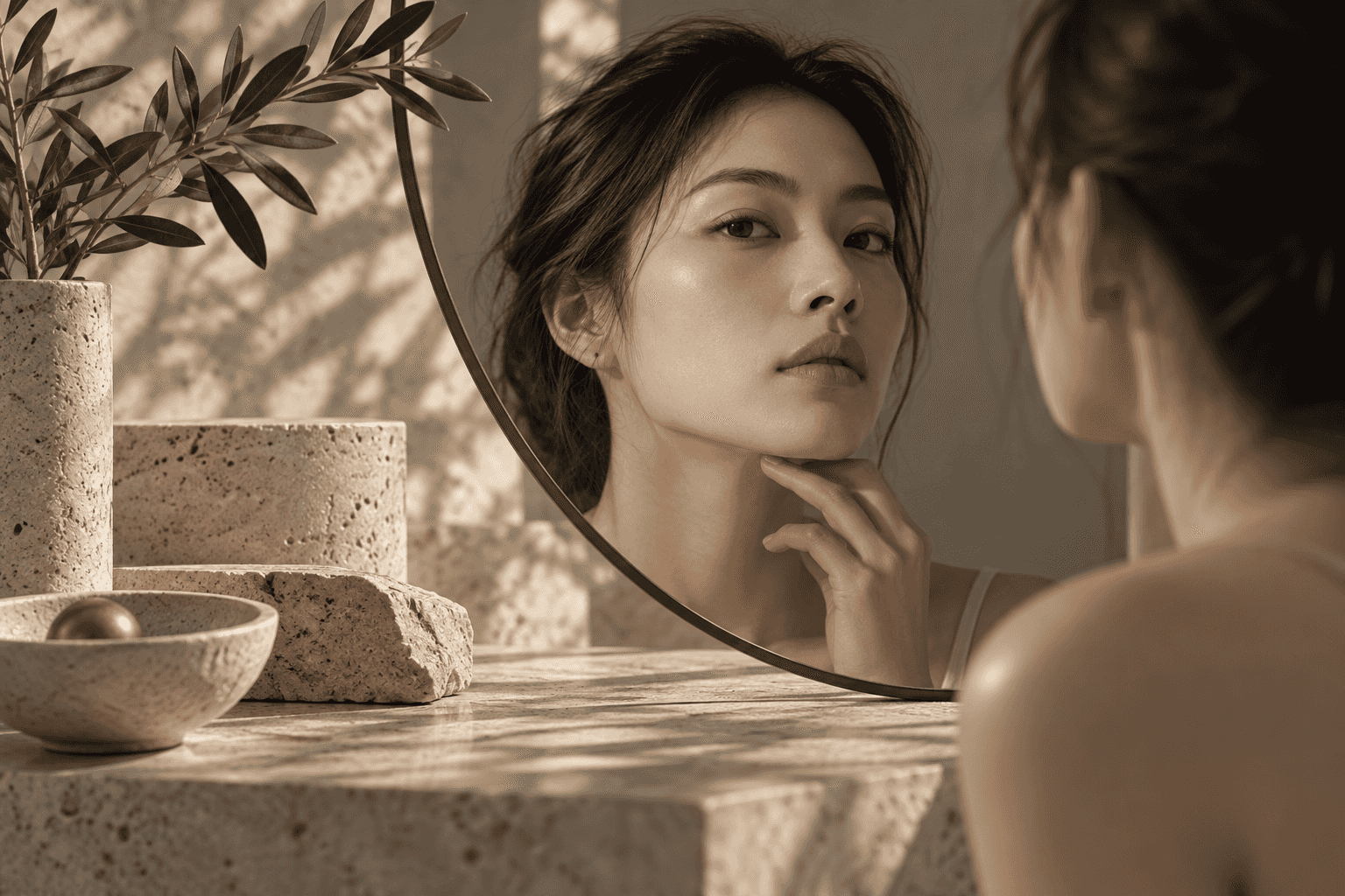 Asian woman examining her jawline in a curved mirror beside travertine and olive branches.