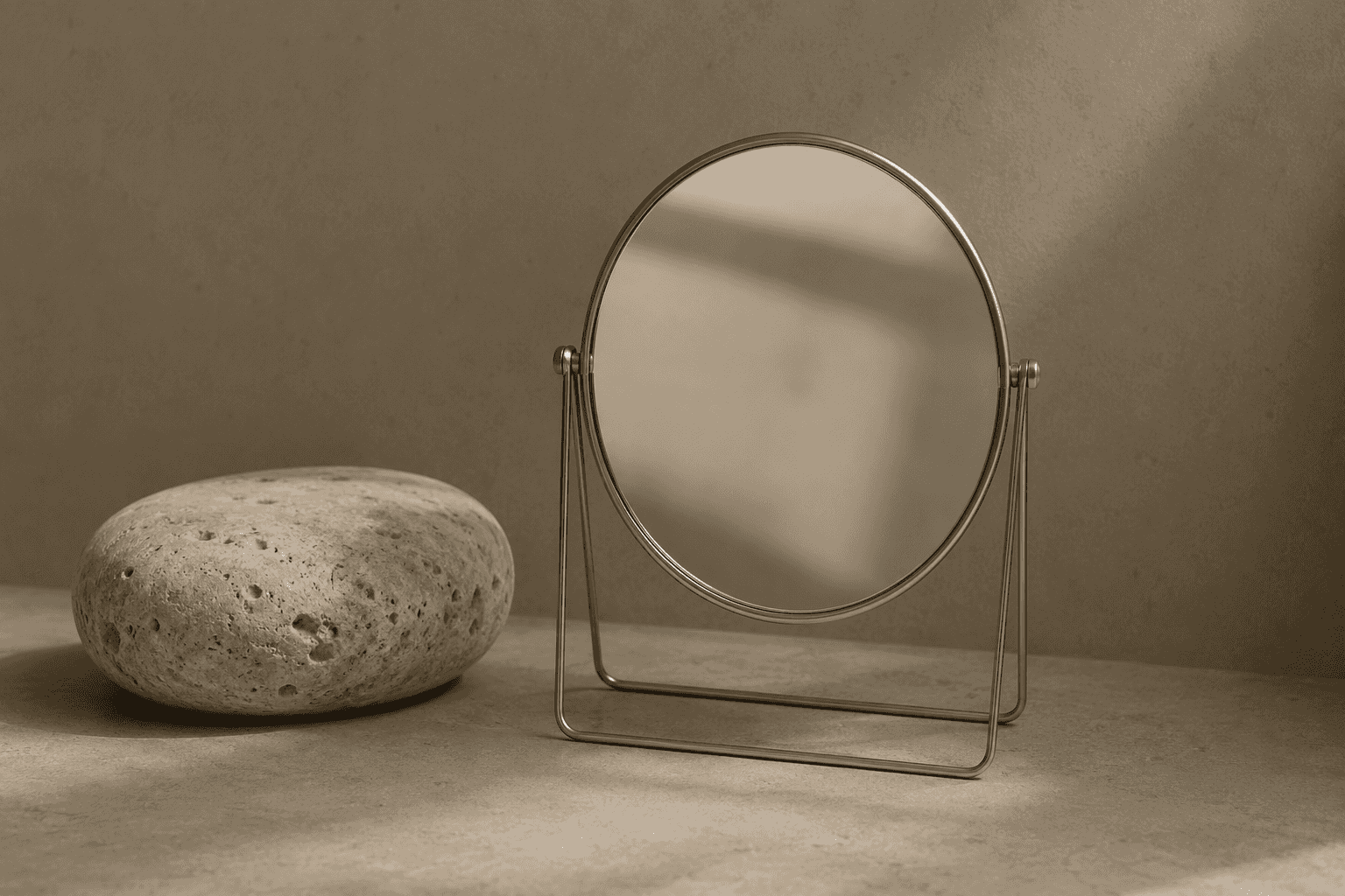 A small stand mirror beside a smooth stone, photographed on a plain warm surface.