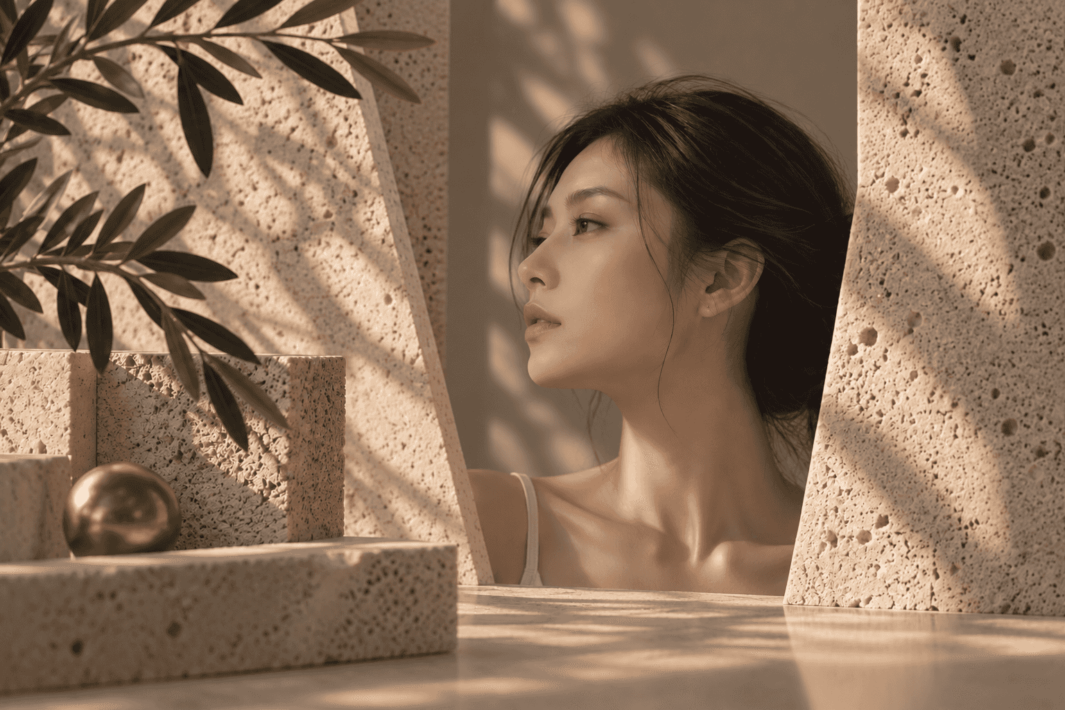 Asian woman in three-quarter profile between angled travertine blocks, beside an olive branch and a bronze sphere in warm, dappled light.