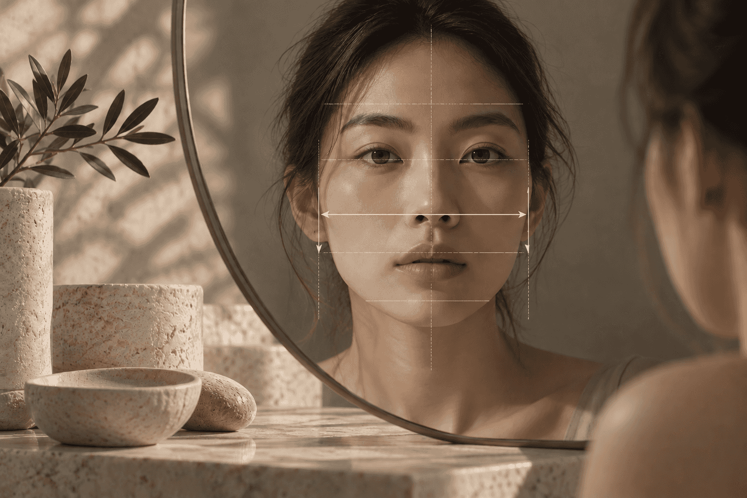 A woman's reflection in a round mirror, her face marked with dashed lines measuring its width, photographed among stone vessels and an olive branch.