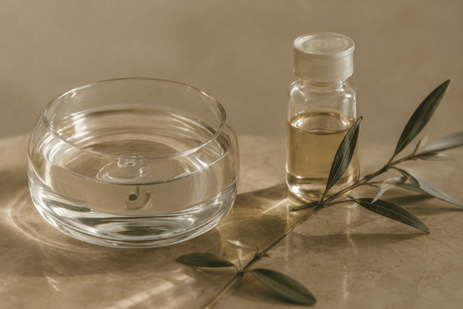 A round glass bowl of water beside an amber dropper bottle and an olive branch, on a warm marble surface.