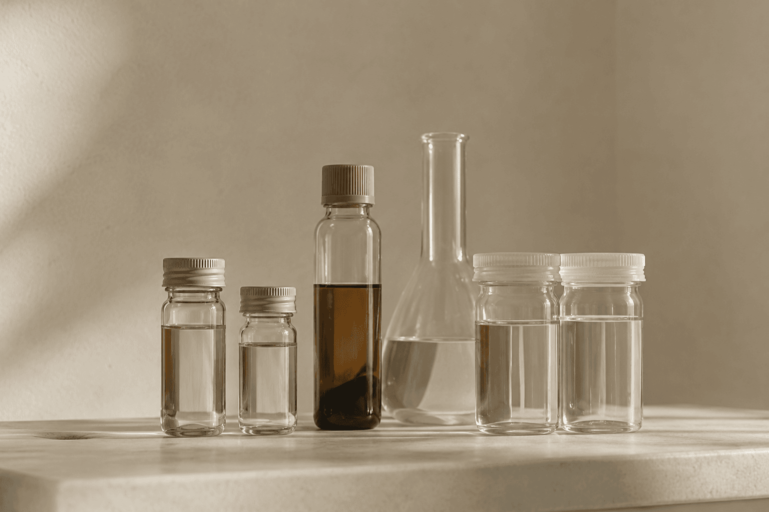 A row of small glass sample bottles, a flask and beakers of clear and amber liquid on a stone ledge.