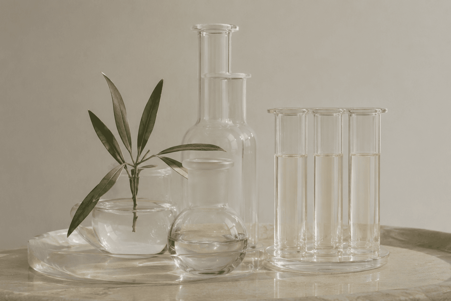 A row of glass laboratory vials, a flask and a beaker holding clear liquid, alongside a single olive leaf.