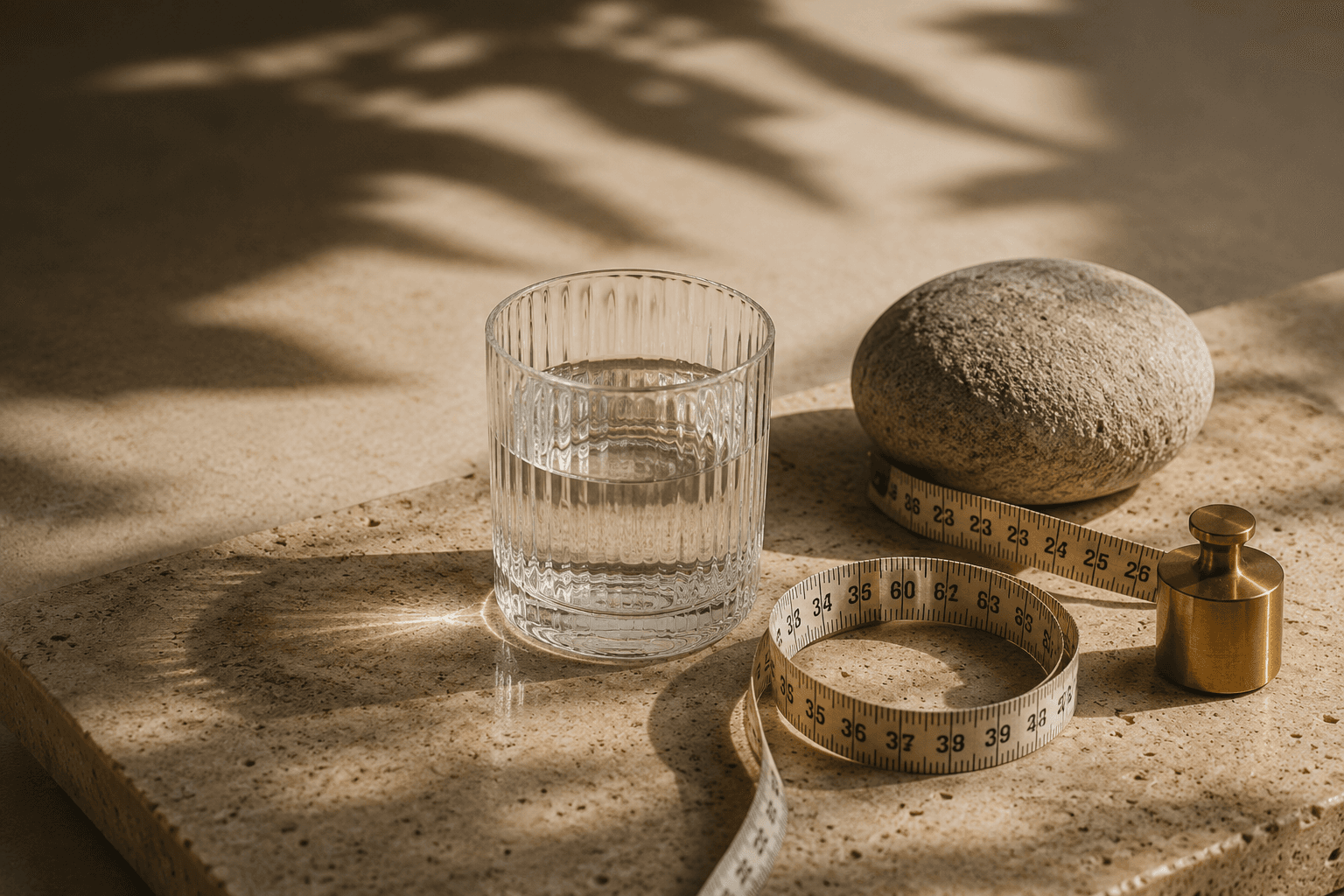 A glass of water, a smooth stone, a coiled tape measure and a brass weight arranged on sunlit stone.
