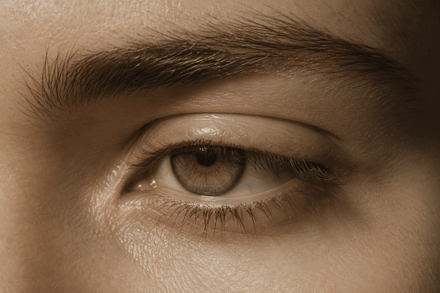 An extreme close-up of an eye and brow, showing the natural arch and position of the brow line.