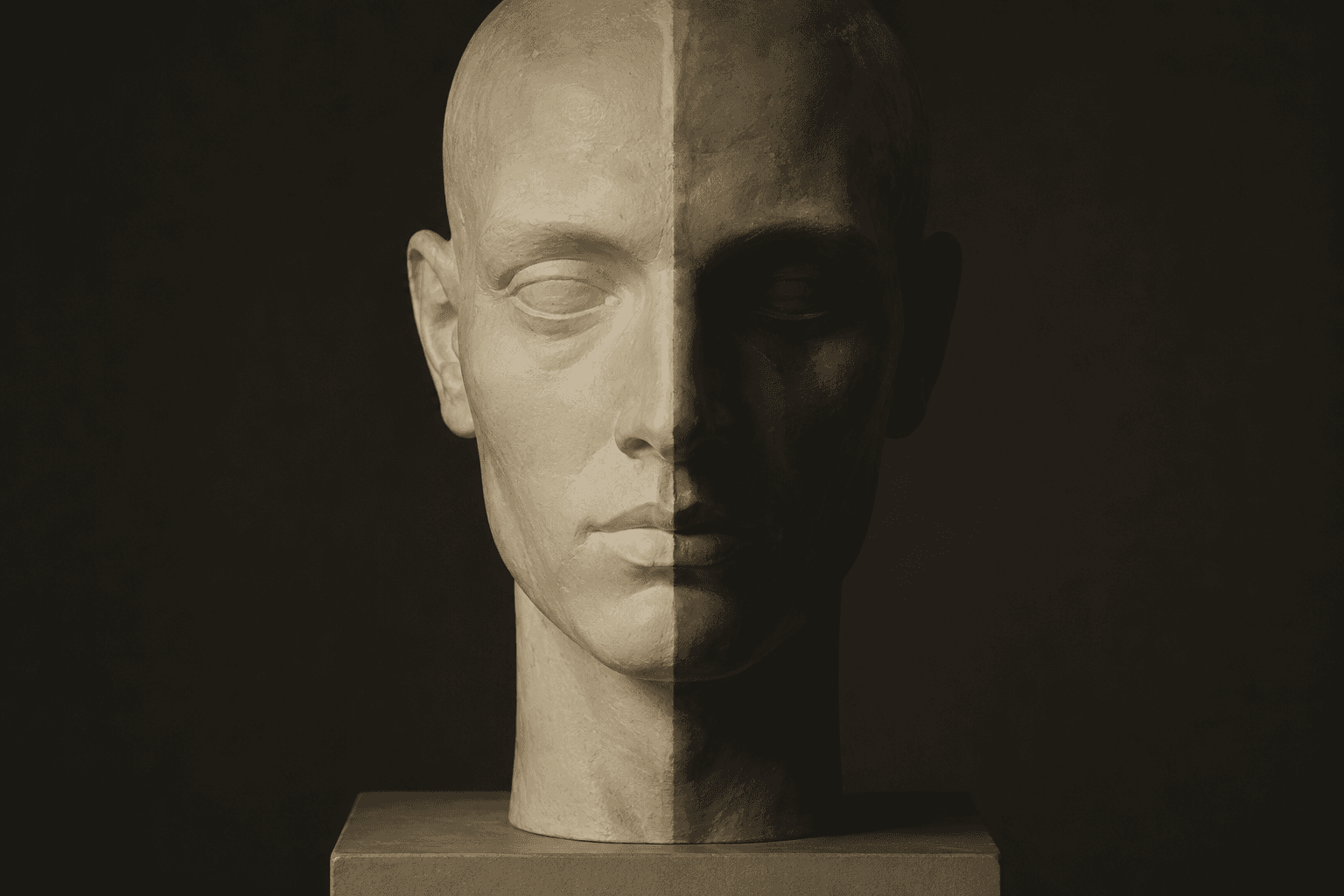 A plaster head lit so that one half falls in light and the other in shadow, split along the centre line.