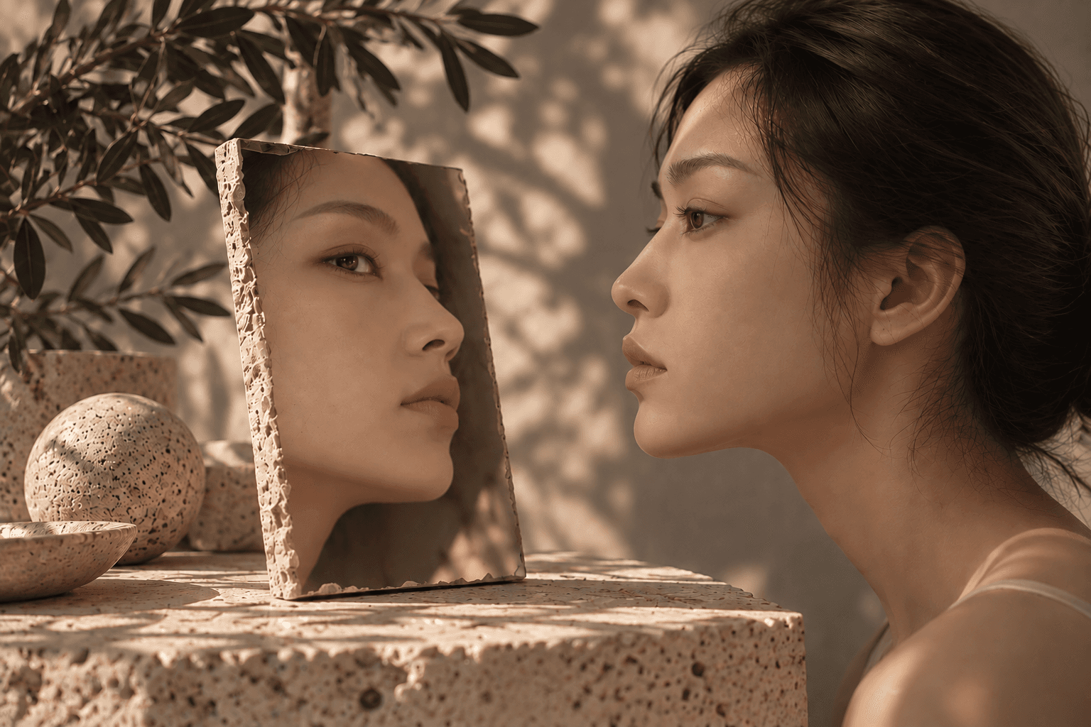 Asian woman in profile facing a travertine-framed mirror that reflects her face from the front, beside an olive branch in warm, dappled light.