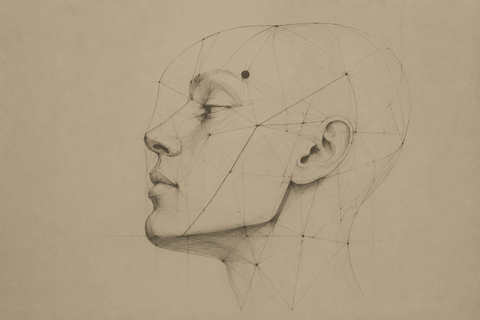 A technical pencil sketch of a head in profile, overlaid with a triangulated measurement grid.