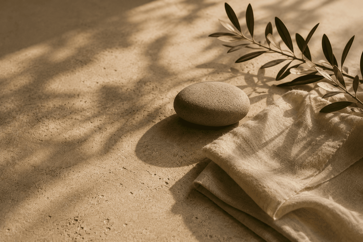 A smooth stone beside folded linen and an olive sprig, lit by low raking afternoon light.