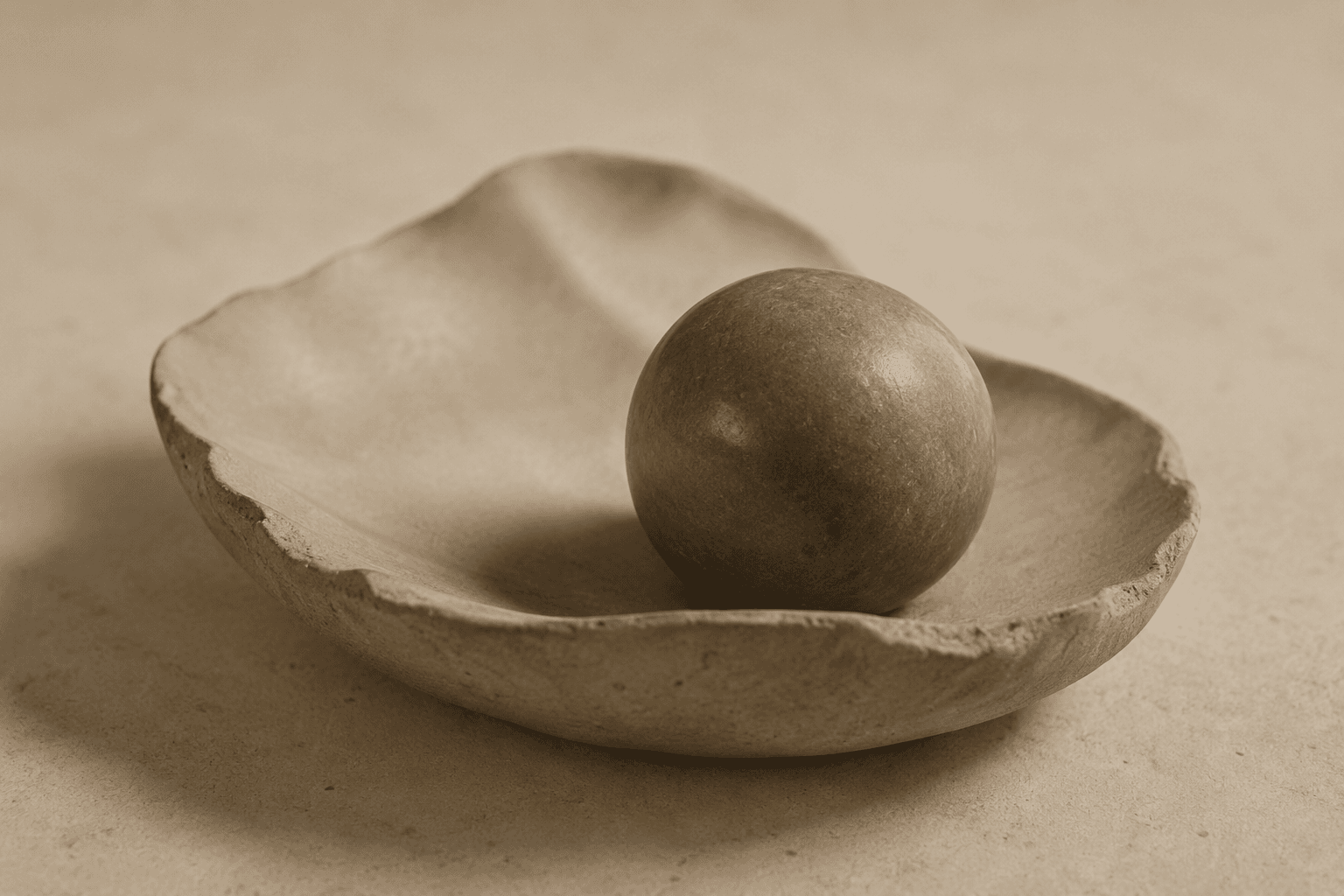 A shell-shaped stone dish cradling a single round stone, photographed against a plain warm background.