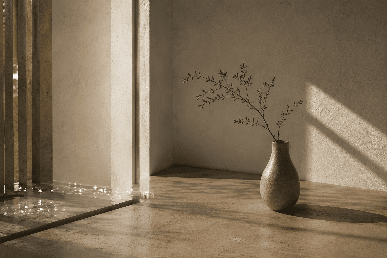 A single ceramic vase holding an olive branch, standing upright in a sunlit, quietly architectural room.