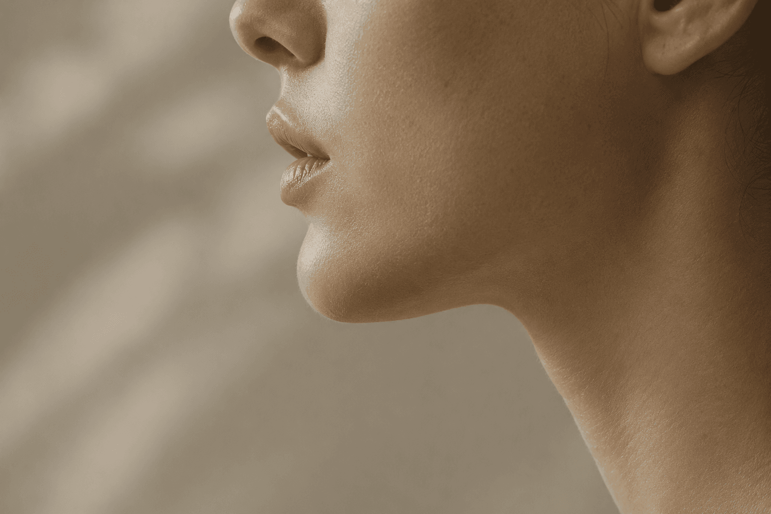 A profile view from nose to neck, showing the relationship between lips, chin and jawline.