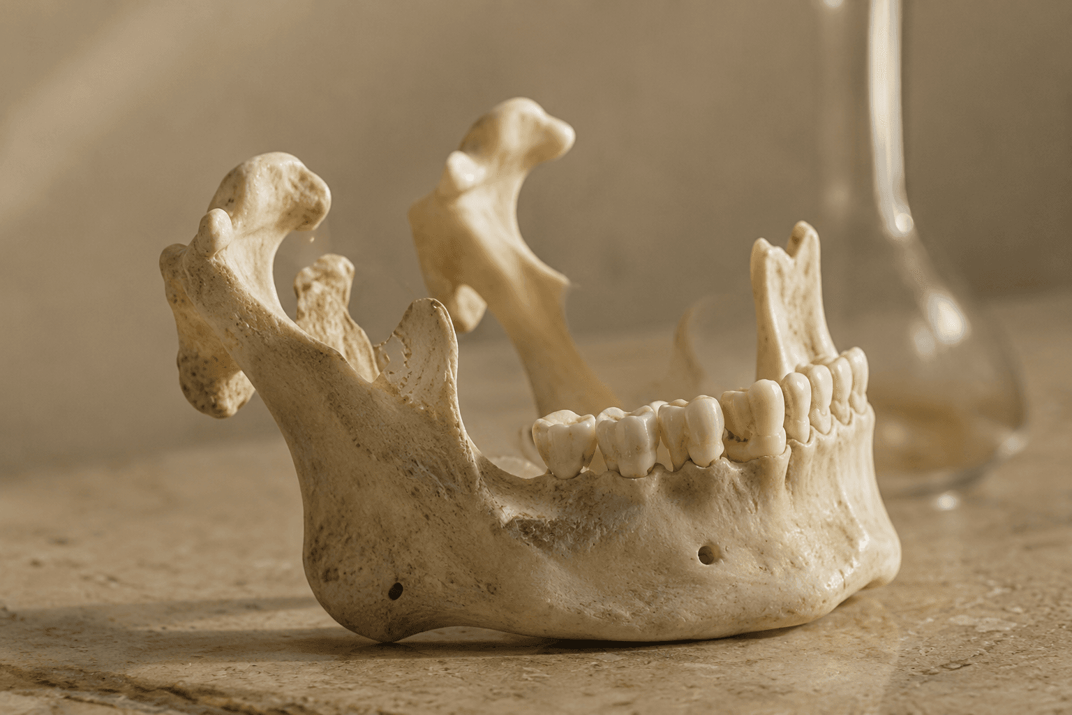 An anatomical jawbone specimen resting on stone, its ligament attachment points and teeth visible in profile.