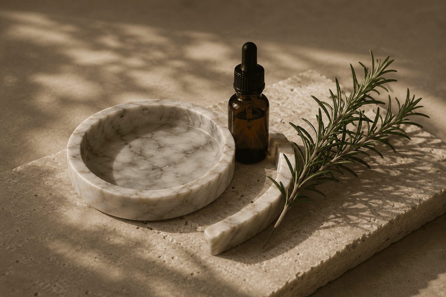 A marble dish, an amber dropper bottle and a sprig of rosemary arranged on travertine stone.