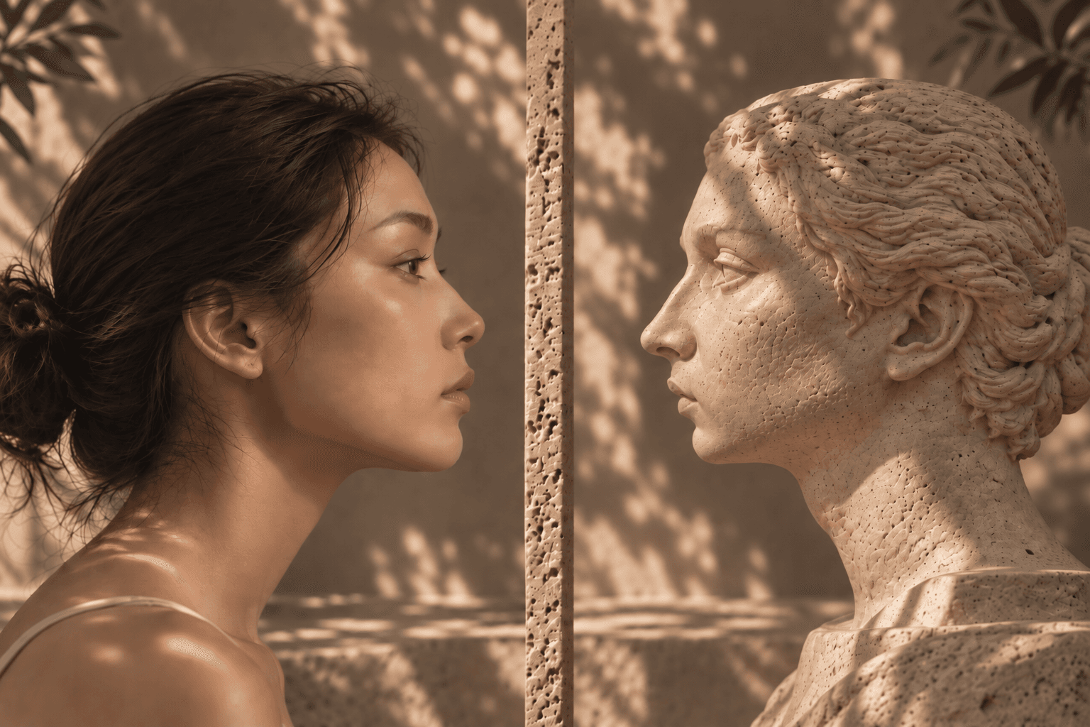 Asian woman in profile facing a classical travertine bust, separated by a slender stone column, in warm, dappled light with olive leaves.