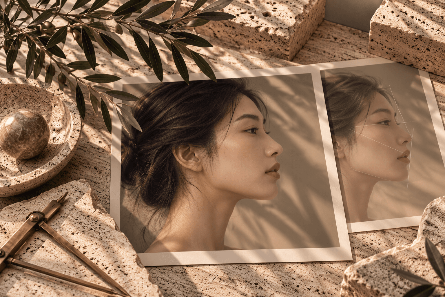 Two side-profile photographs of an Asian woman, one overlaid with facial analysis lines, arranged on travertine beside measuring calipers.