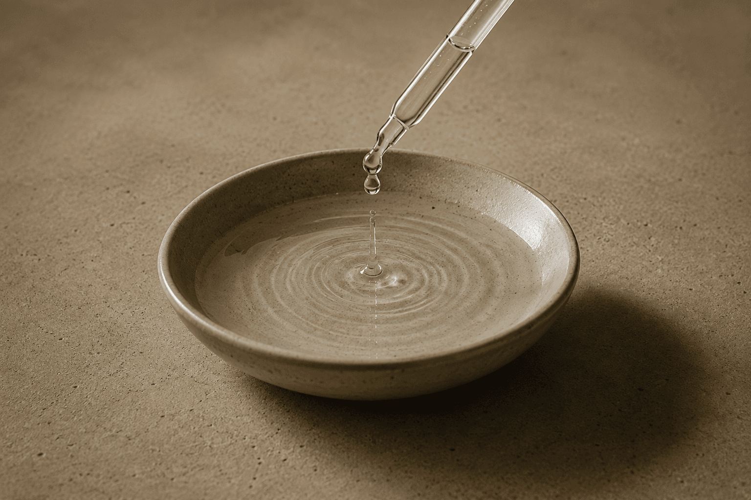 A glass dropper releasing a single droplet into a shallow stoneware bowl, sending out concentric ripples.