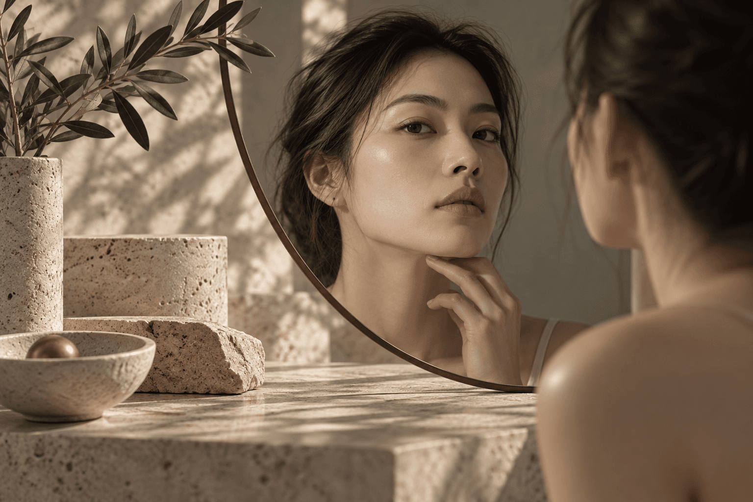 Asian woman examining her jawline in a curved mirror beside travertine and olive branches.