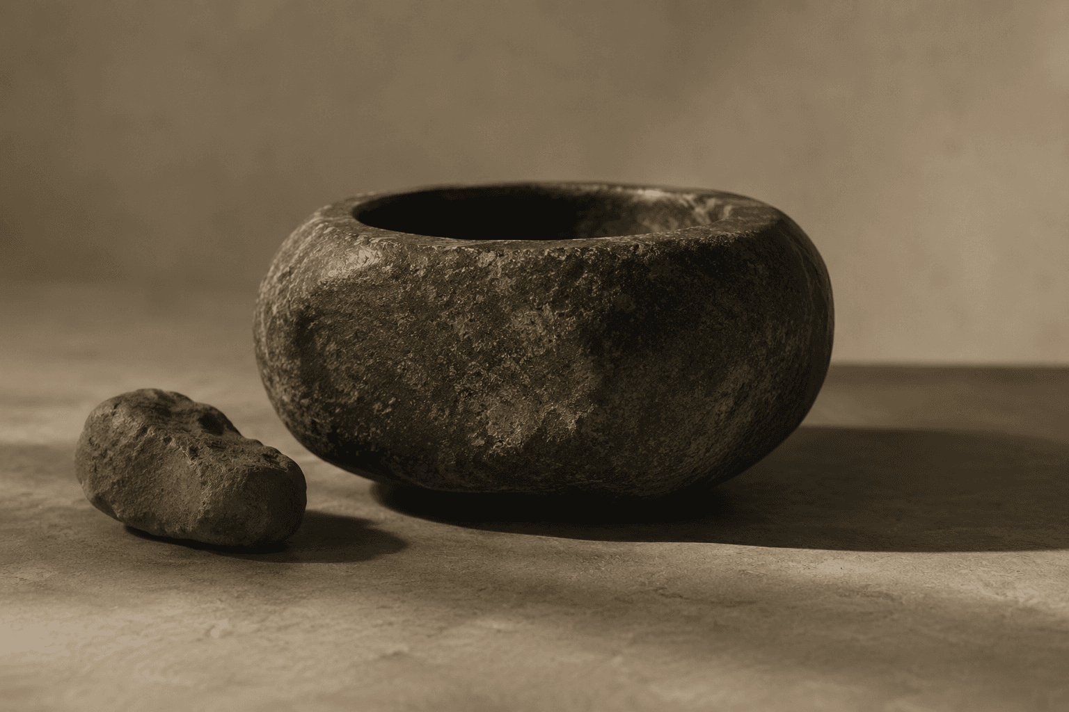 A dark, weathered stone bowl beside a smaller companion stone, photographed in soft directional light.