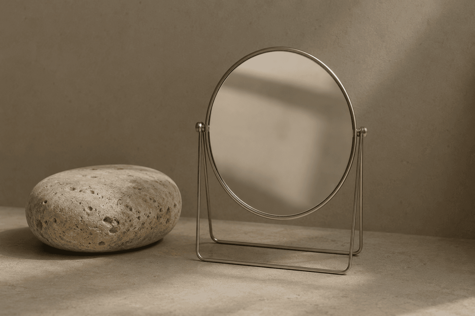 A small stand mirror beside a smooth stone, photographed on a plain warm surface.
