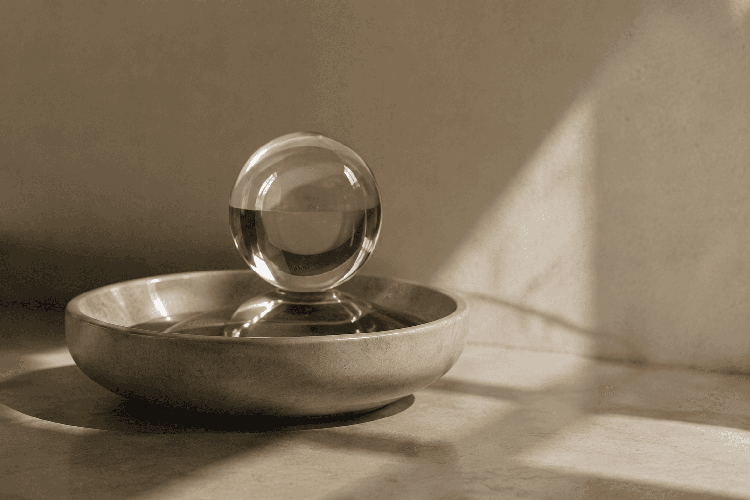 A clear glass sphere balanced atop a shallow ceramic dish, photographed against a plain warm background.