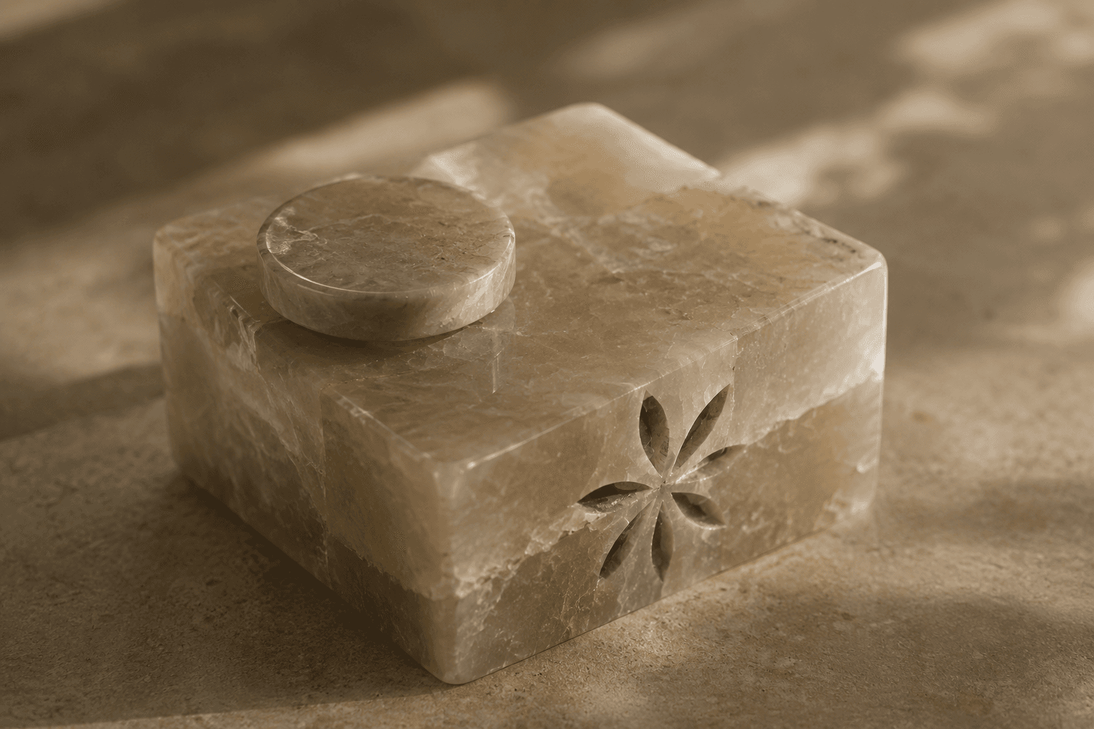 A small carved marble box with a round lid and an etched flower motif on one face, photographed in soft light.