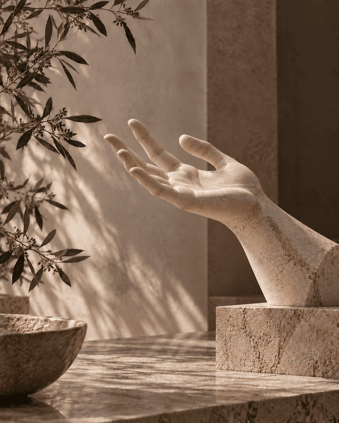 Sculptural stone hand with an open palm, representing considered intervention and restraint.