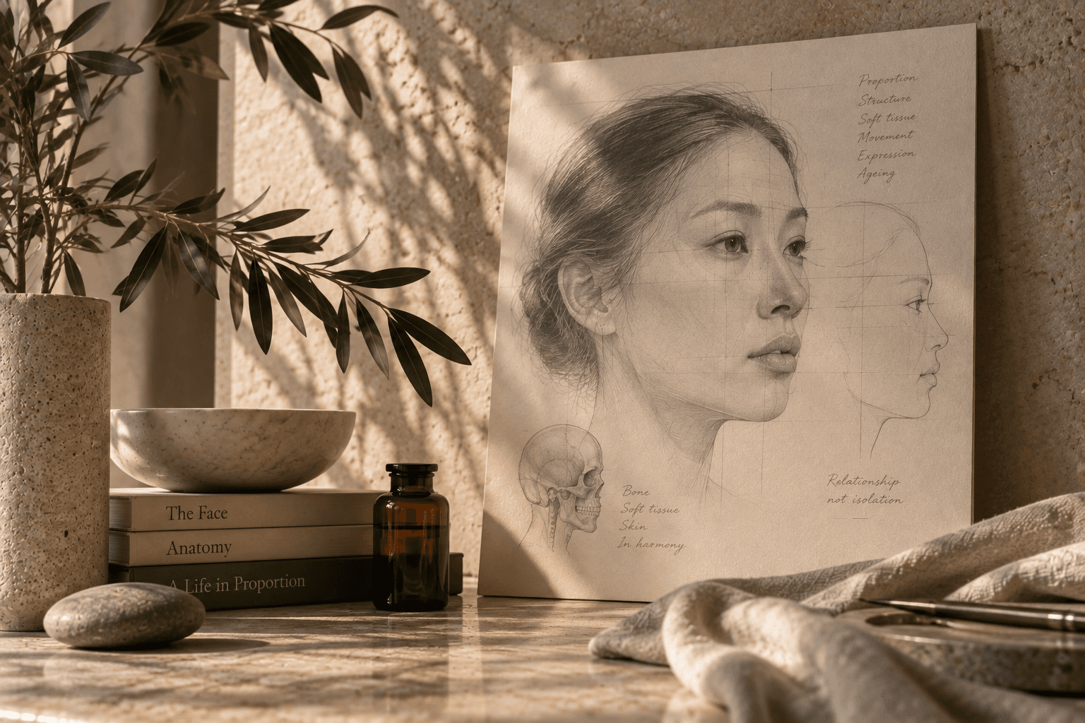 Editorial anatomical study of an Asian face exploring facial structure, proportion and profile relationships.