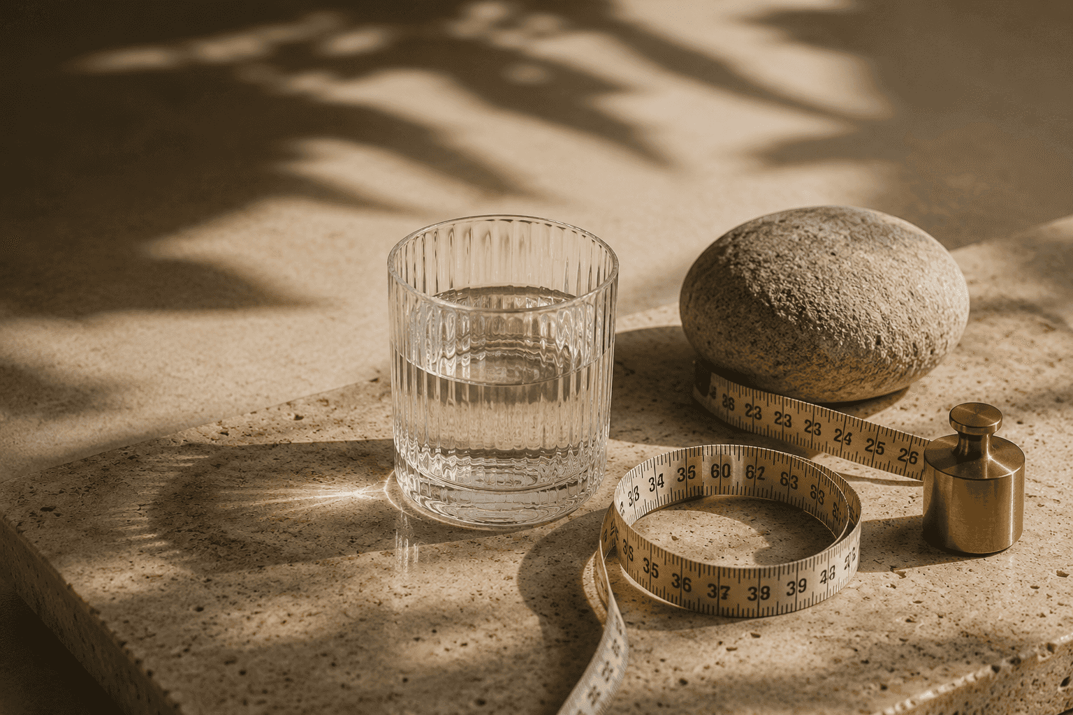 A glass of water, a smooth stone, a coiled tape measure and a brass weight arranged on sunlit stone.