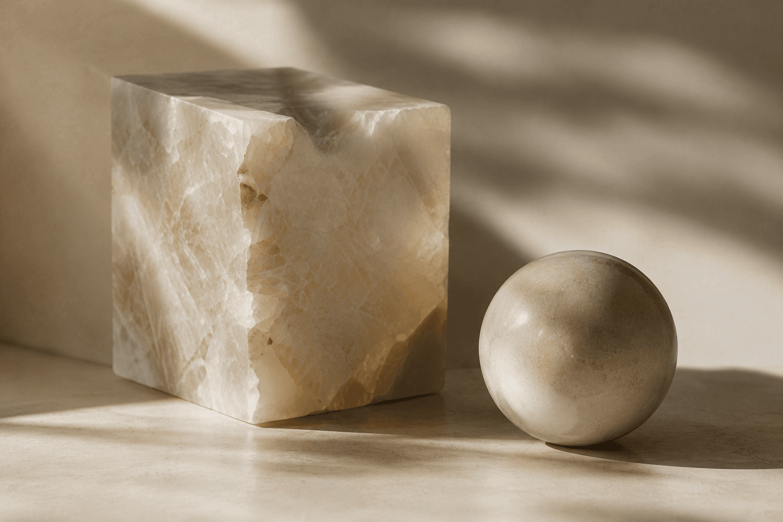 A carved marble cube and a marble sphere standing side by side in raking light.
