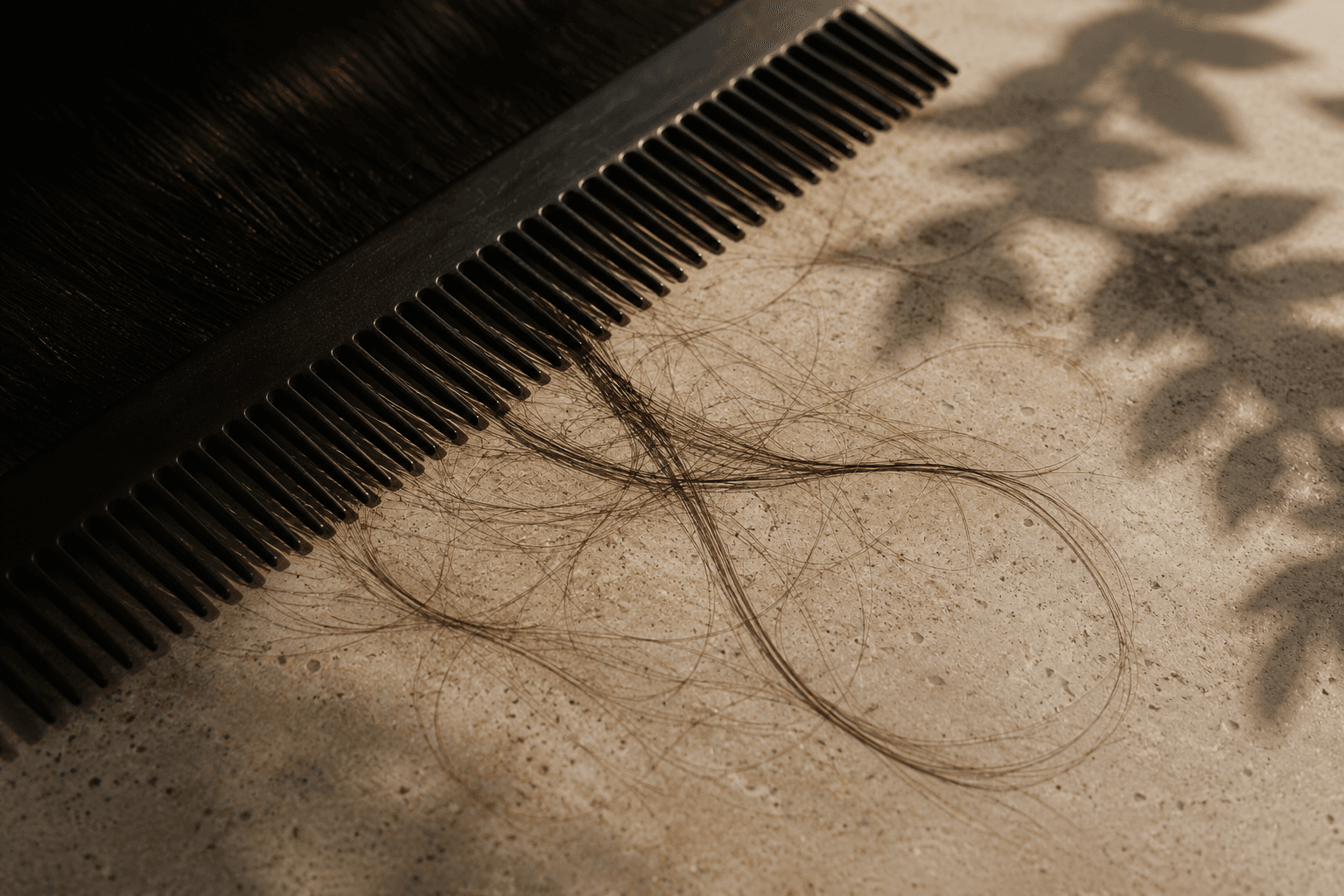 A few strands of shed hair caught in the teeth of a comb, resting on pale stone in dappled light.