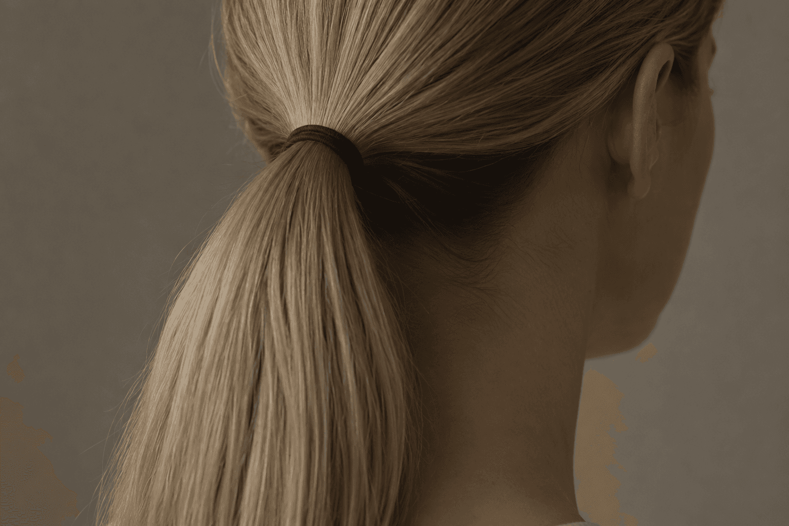 A close view of hair gathered into a low, tightly tied ponytail at the nape of the neck.