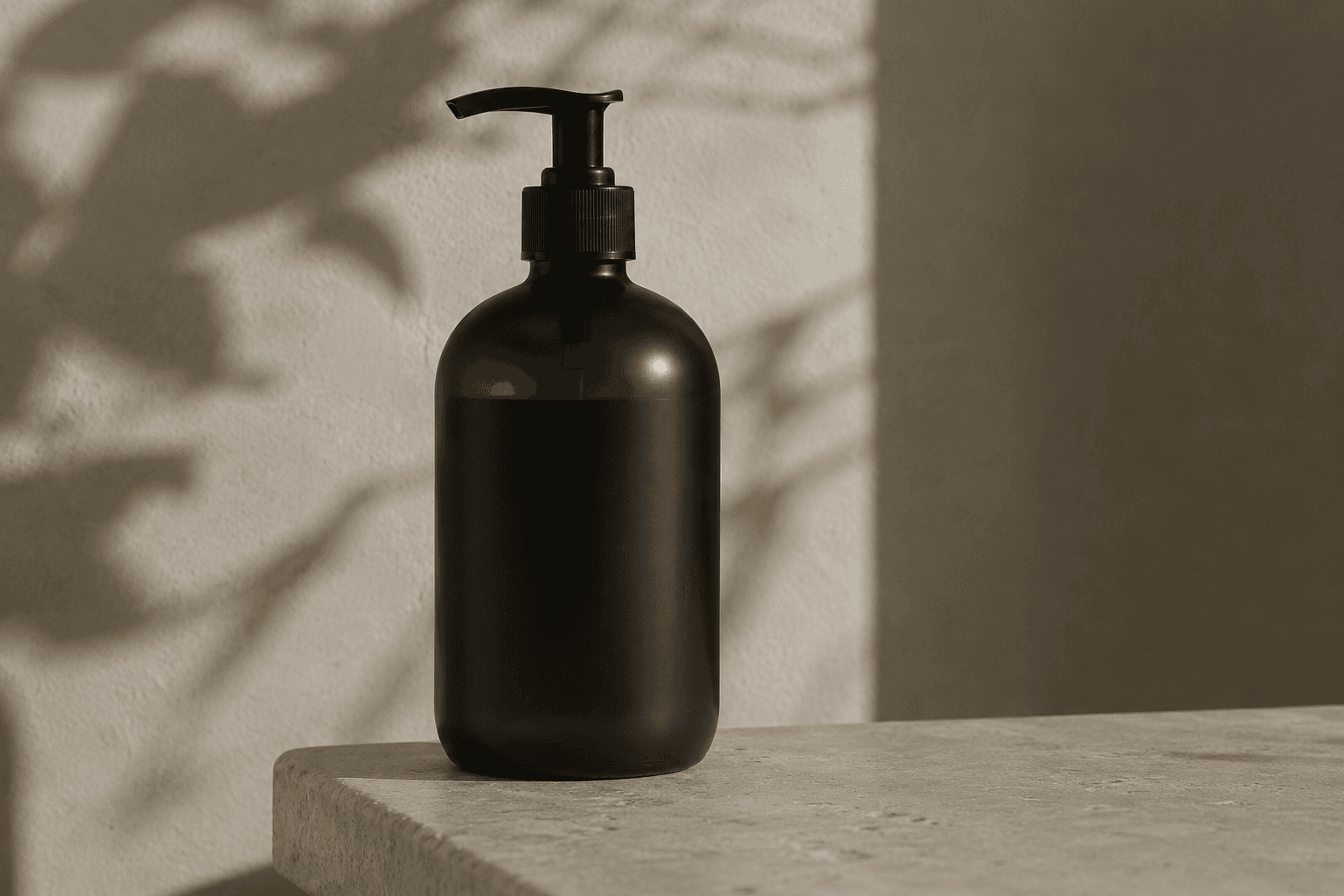 A dark amber pump bottle standing on a stone ledge, lit against a wall marked with leaf shadow.