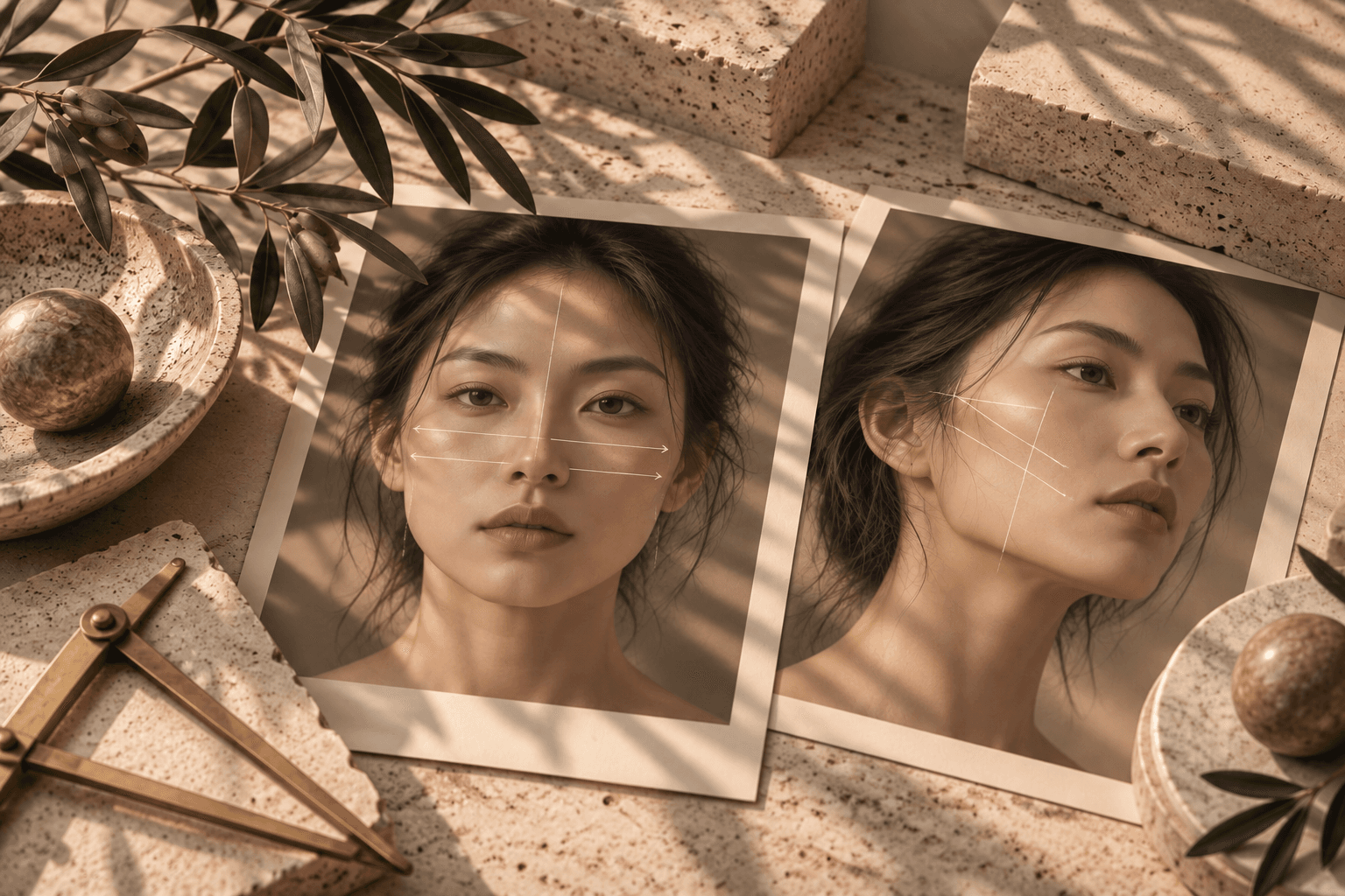Two portrait studies illustrating facial width and cheekbone projection, arranged on travertine with olive branches and a brass caliper.