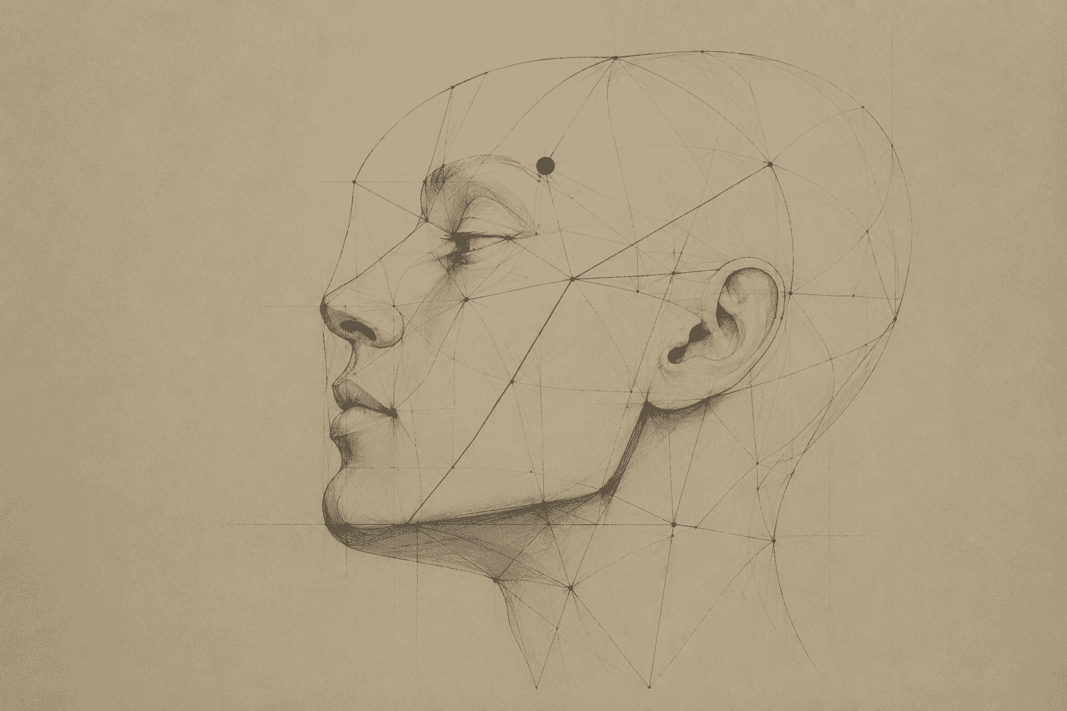 A technical pencil sketch of a head in profile, overlaid with a triangulated measurement grid.