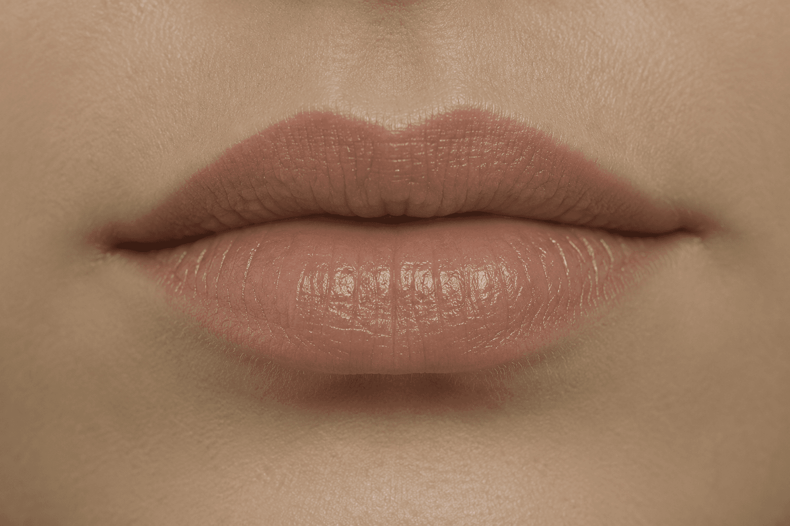 An extreme close-up of a mouth, showing the natural proportion of the upper and lower lip.